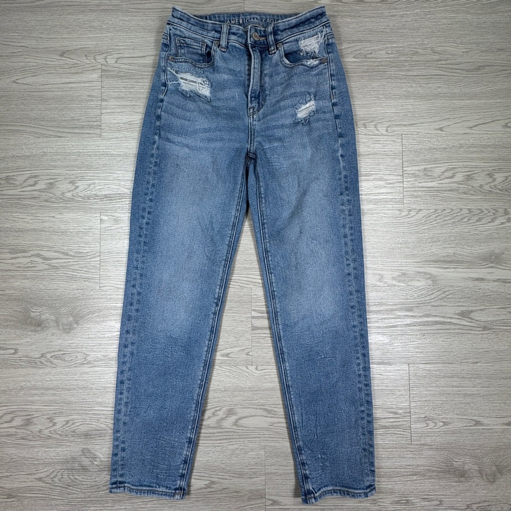 American Eagle Women's Jeans Mom Straight Blue 0 Distressed High Rise Stretch
